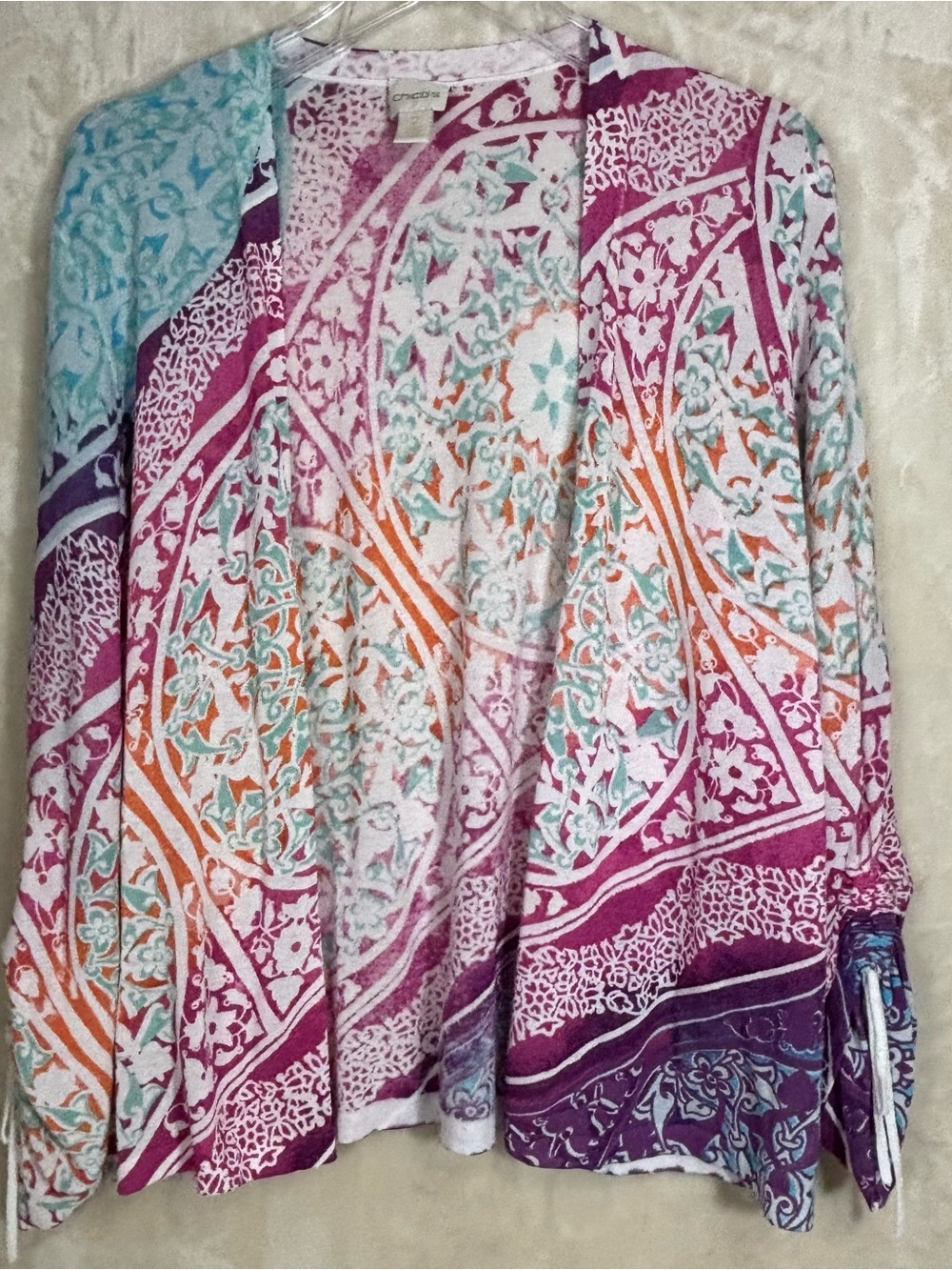 Chico's Women’s Kaleidoscope Medallion Ruched-Sleeve Open Front Cardigan Size 2